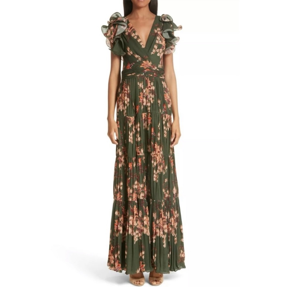 NWT Johanna Ortiz Ruffle Sleeve Tiered Silk Gown